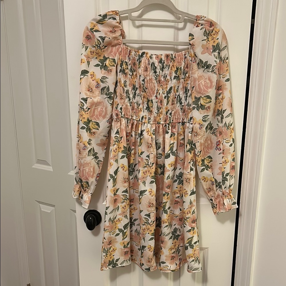 Long Sleeve Smocked Floral Dress - Cream, Peach Pink, Yellow & Green sz S